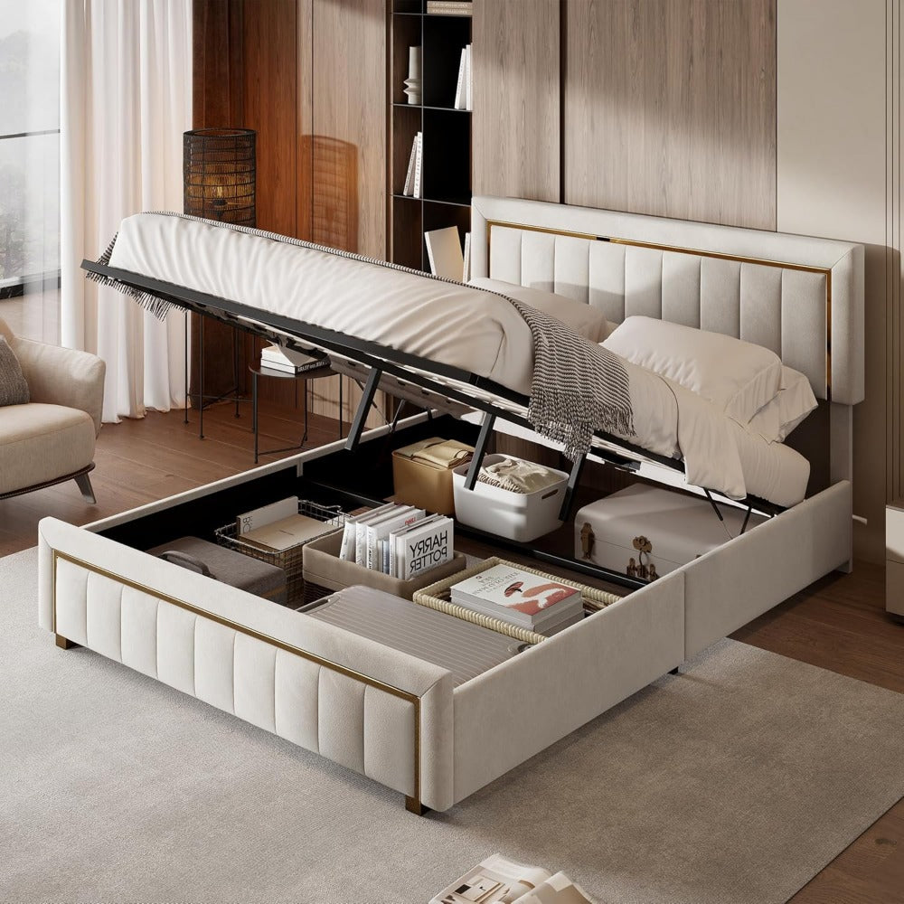 Beige Velvet Bed – Opbergbed – Bedframe – Tweepersoonsbed – Slaapkamerbed – 160x200 cm – Hydraulische Opbergruimte – Houten Lattenbodem