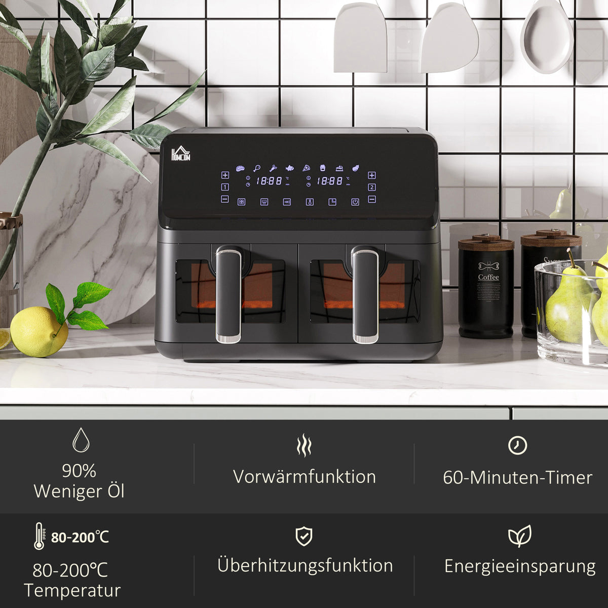 Heteluchtfriteuse – Airfryer – Friteuse – Luchtfriteuse – Dubbele Mand – 2x4L Manden – 8 Programma’s – Timer en Licht – Zwart – Compact formaat
