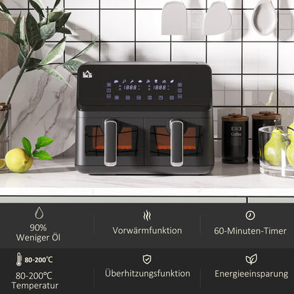 Heteluchtfriteuse – Airfryer – Friteuse – Luchtfriteuse – Dubbele Mand – 2x4L Manden – 8 Programma’s – Timer en Licht – Zwart – Compact formaat