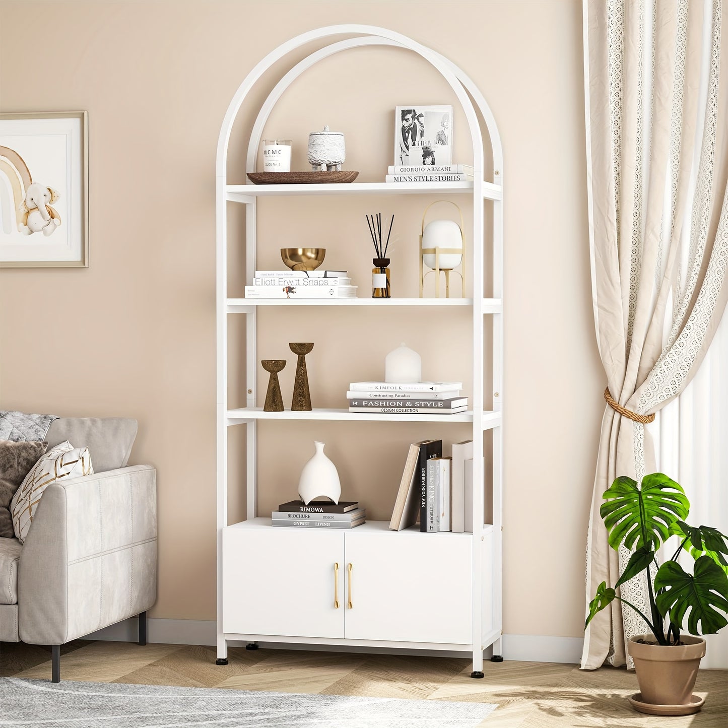 4-laagse Boekenplank – Boekenkast – Open Kast – Vakkenkast – Opbergkast – Wit – Industrieel Metalen Frame – 181,6 cm Hoog – Boogvormig Design Met Deuren
