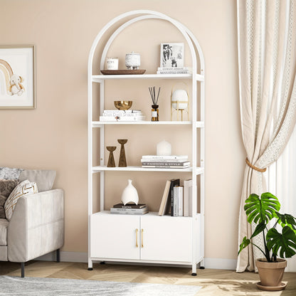 4-laagse Boekenplank – Boekenkast – Open Kast – Vakkenkast – Opbergkast – Wit – Industrieel Metalen Frame – 181,6 cm Hoog – Boogvormig Design Met Deuren