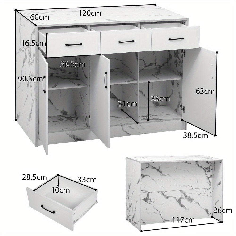 Large White Marble Kitchen Island with 3 Drawers & 3 Doors, Adjustable Shelves & Silent Closing Mechanism - Heavy-Duty Metal Construction, Marble Countertop, Bar Height Design, 120x60x90.5cm - Modern Floor-Standing Storage Ca