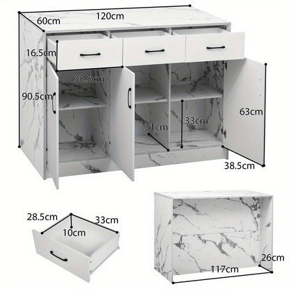 Large White Marble Kitchen Island with 3 Drawers & 3 Doors, Adjustable Shelves & Silent Closing Mechanism - Heavy-Duty Metal Construction, Marble Countertop, Bar Height Design, 120x60x90.5cm - Modern Floor-Standing Storage Ca