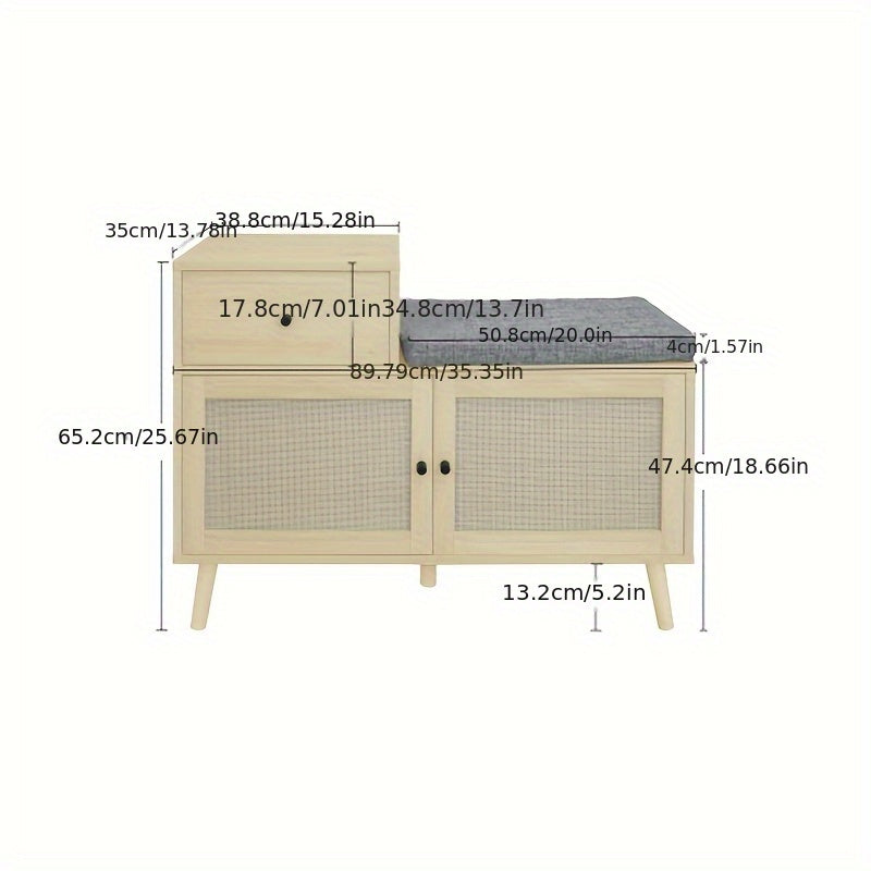 Schoenenbank – Schoenenkast – Schoenenrek – Opbergbank – Halbank – Bohemian Stijl – Rieten Deurtjes – Natuurlijke Houtlook – 3,2 Kuub Opbergruimte – 68,58 cm Hoog