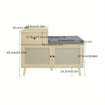 Schoenenbank – Schoenenkast – Schoenenrek – Opbergbank – Halbank – Bohemian Stijl – Rieten Deurtjes – Natuurlijke Houtlook – 3,2 Kuub Opbergruimte – 68,58 cm Hoog