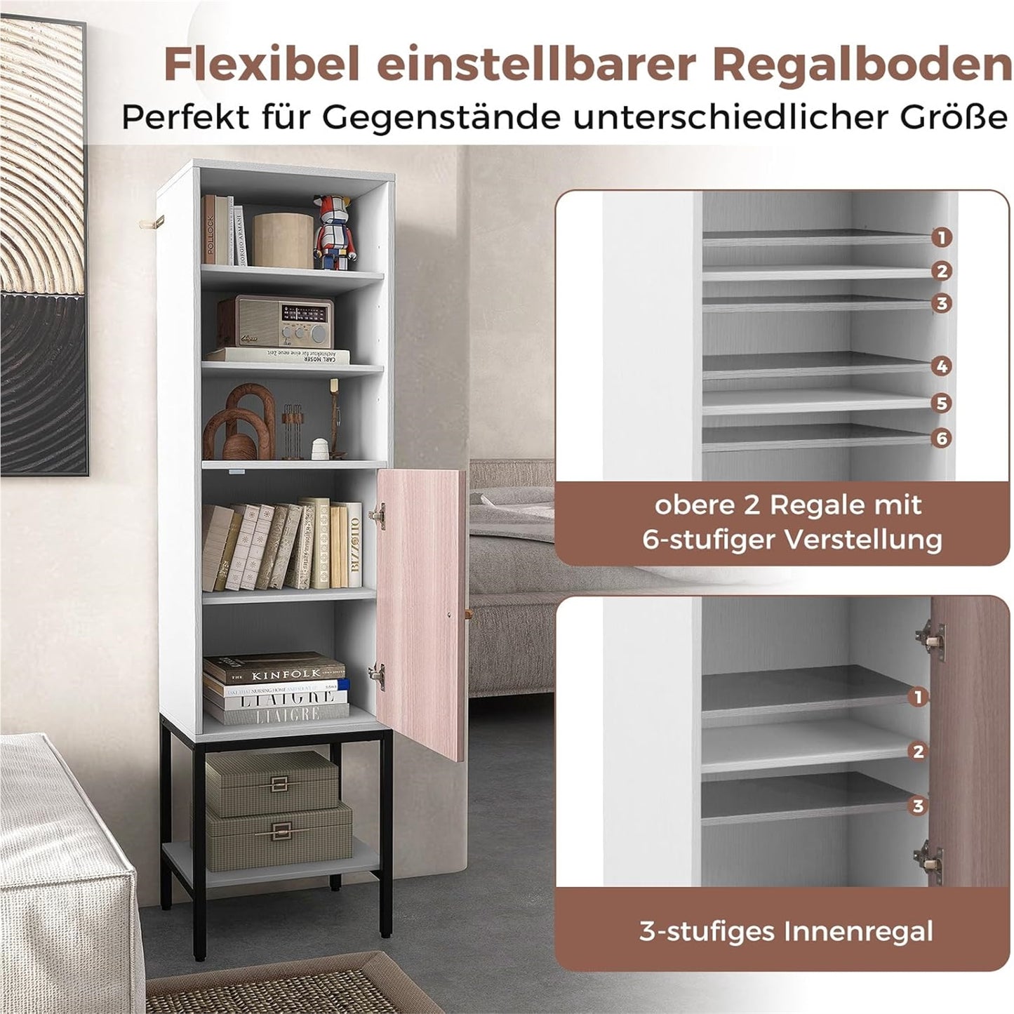 Smalle Kast – Smalle Opbergkast – Hoge Kast – Badkamerkast – Witte Kast – Verstelbare Planken – Compact 38x30x146 cm