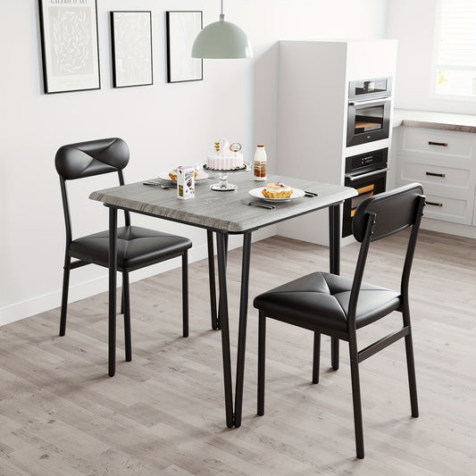 Eettafelset – Eettafelset – Eethoek – Keukentafelset – Zitgroep – Industrieel Design – Compact Formaat – MDF Tafelblad – Gestoffeerde Stoelen – 74x74 cm – Metaal & Hout – Grijs