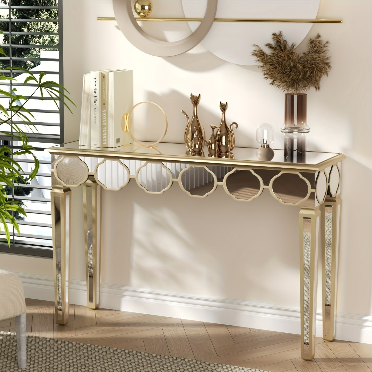 Spiegelconsole – Sidetable – Kaptafel – Haltafel – Make-uptafel – Luxe Design – Groot Formaat 120x35x76 cm – Lichtgouden Frame