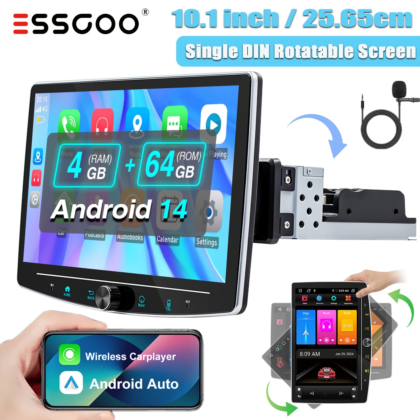 ESSGOO 4G+64GB Auto Radio Android 14 Rotatable Car Stereo Single 1 DIN Multimedia Player Fit 10.1 Inch/25.56cm IPS Screen with Wireless Carplayer & Android Auto, WiFi FM Radio with ASP Sound Setting, SWC Mirror Link Split Scr