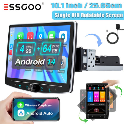 ESSGOO 4G+64GB Auto Radio Android 14 Rotatable Car Stereo Single 1 DIN Multimedia Player Fit 10.1 Inch/25.56cm IPS Screen with Wireless Carplayer & Android Auto, WiFi FM Radio with ASP Sound Setting, SWC Mirror Link Split Scr