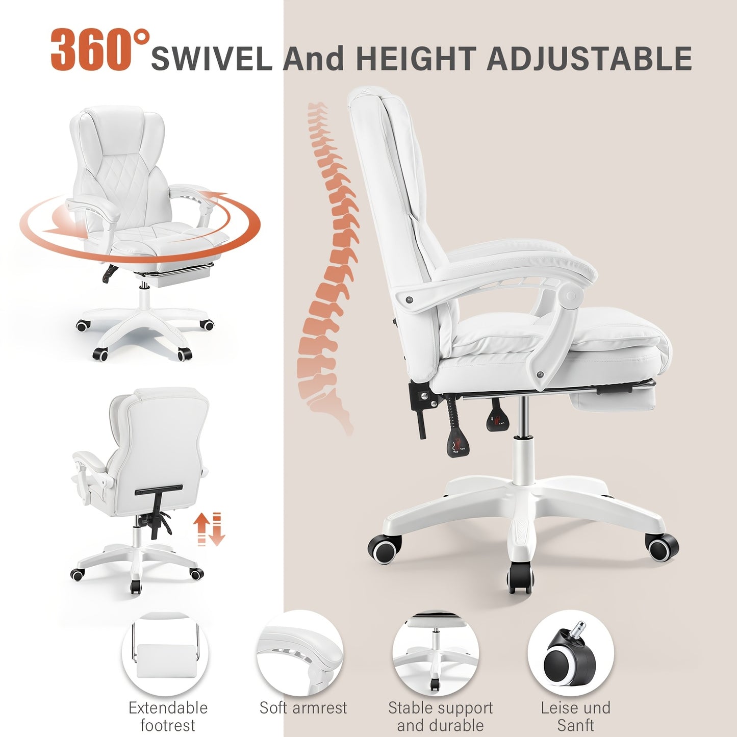 Ergonomische Bureaustoel – Bureaustoel Met Voetensteun – Kantoorstoel – Draaistoel – Gamingstoel – Memory Foam Zitting – Verstelbare Kantelbare Rugleuning – Wit