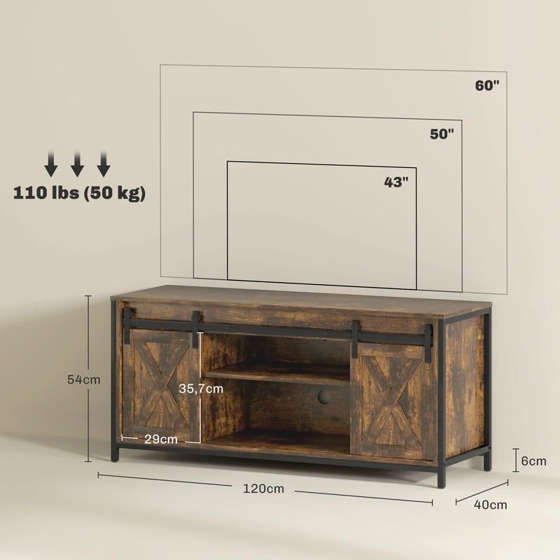 Tv-meubel – Tv-standaard – Tv-kast – Media Console – Tv-dressoir – Industrieel Modern – Houten Massief Hardhout – 6 Vakken Met Schuifdeuren