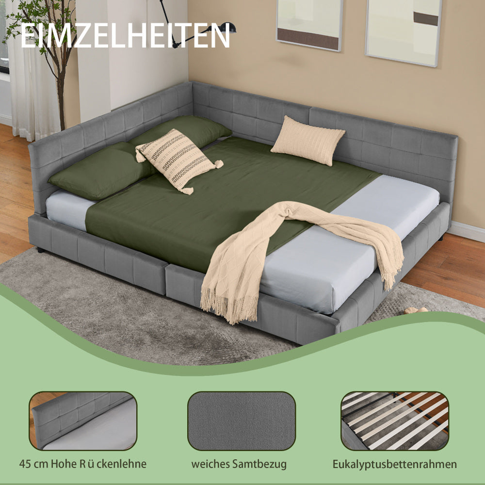 Hoekbankbed – Slaapbank – Bedbank – Loungesofa – Bedbank Hoek – Lichtbeige Velvet – 160x200 cm Tweepersoonsbed – Massief Eucalyptushout & IJzeren Frame