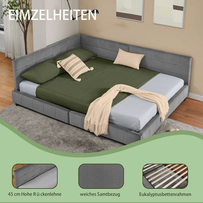 Hoekbankbed – Slaapbank – Bedbank – Loungesofa – Bedbank Hoek – Lichtbeige Velvet – 160x200 cm Tweepersoonsbed – Massief Eucalyptushout & IJzeren Frame