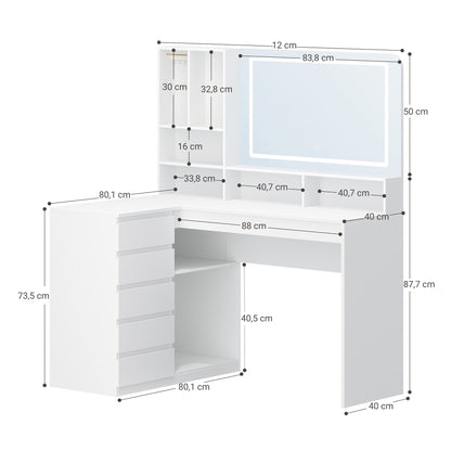 Kaptafel – Make-up Tafel – Vanity Table – Dresser Met Spiegel – Opbergtafel – L-vormige Hoekkaptafel – LED-verlichting – 5 Lades & 7 Open Vakken – Grote Spiegel – Wit