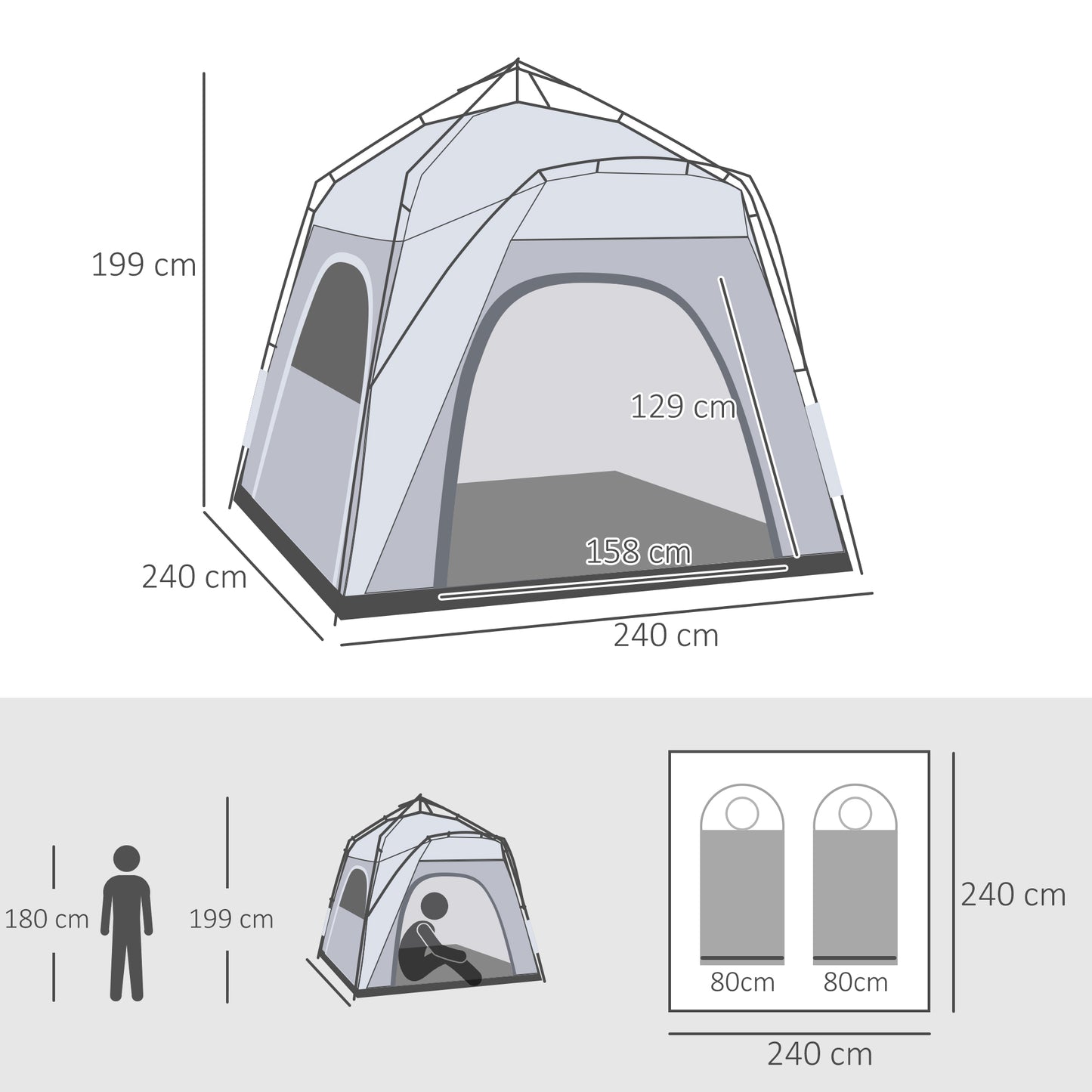 Pop-up Koepeltent – Koepeltent, Vouwtent, Buitentent, Campingtent – Lichtgrijs – Voor 4 Personen – Waterdicht en UV 50+ Bescherming