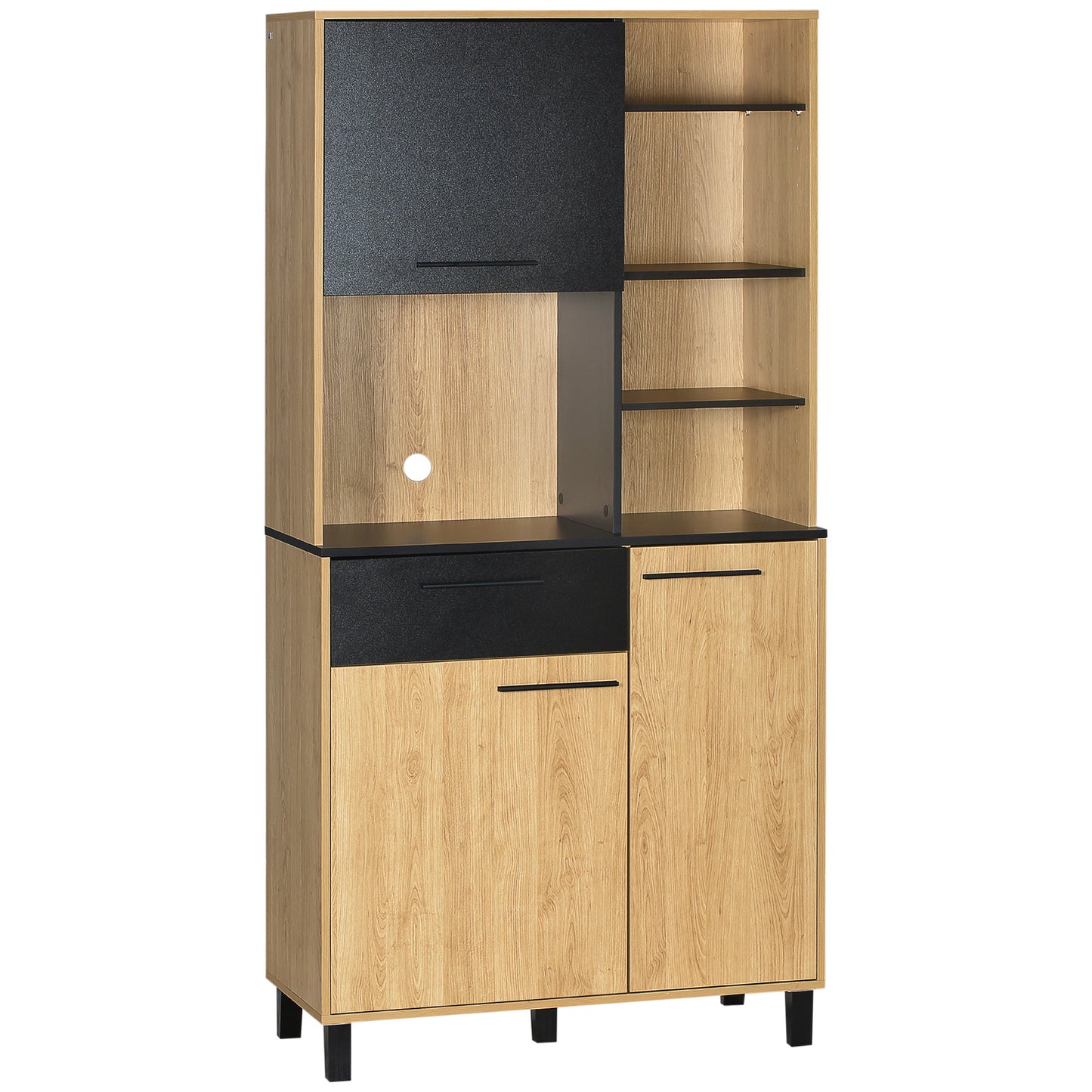 Keukenkast – Buffetkast – Opbergkast – Magnetronkast – Keukenbuffet – Modern Design – Verstelbare Planken – Anti-Kantel Systeem – 180 cm Hoog – Zwart/Naturel Hout