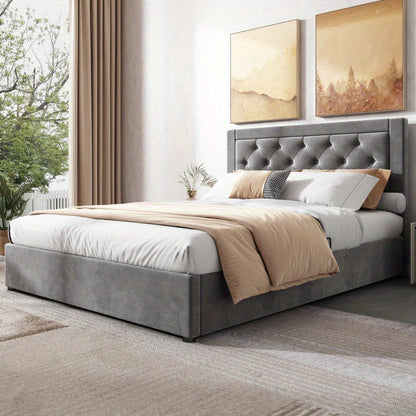Tweepersoonsbed Chesterfield – Bed – Slaapbank – Logeerbed – Opbergbed – Grijs Velvet – Stalen Frame – Foam Hoofdbord – Opbergruimte Met Lifthendels 140x200 cm