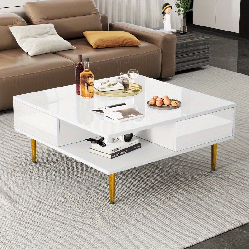 Salontafel – Koffietafel – Bijzettafel – Woonkamertafel – Tafel – Hoogglans Wit – 70x70x36 cm – Met 2 Lades en Opbergvakken – Draagvermogen 30 kg