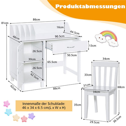 Kinderschrijfstoel – Kinderbureau – Studietafel – Tekenbureau – Kinderwerkplek – Met Opbergruimte & Lade – Ergonomische Rugleuning – MDF Wit