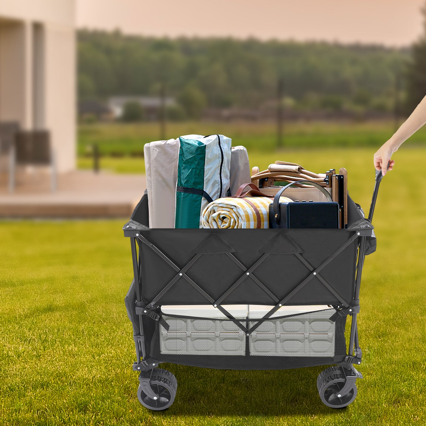 Campingkar – Bolderkar – Strandkar – Picknickkar – Tuinkar – Inklapbaar – Dubbel Laag Laadvlak – Draagvermogen 150 kg – Metalen Frame – Zwart