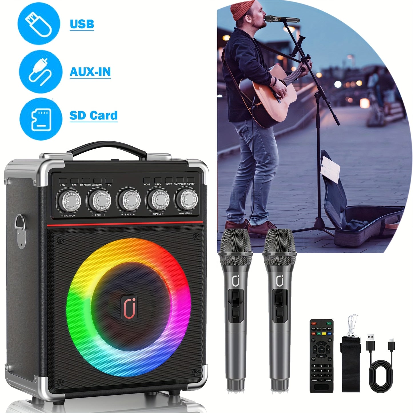Draagbare Karaoke Machine – Karaoke Set – Wifi Microfoon – Bluetooth Speaker – Zanginstallatie – Met 2 Draadloze Microfoons – RGB Muziekverlichting – Hi-Fi Geluid & Lange Batterijduur