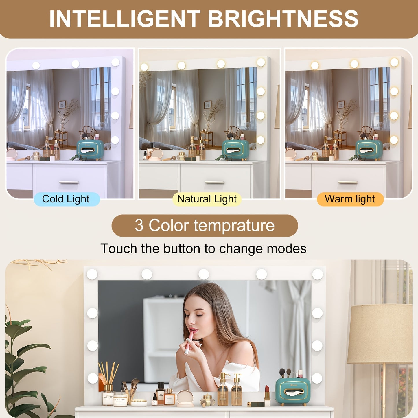 Kaptafel – Make-up Tafel – Cosmeticatafel – Opmaaktafel – Dressing Table – Wit – LED-Verlichting – 5 Lades