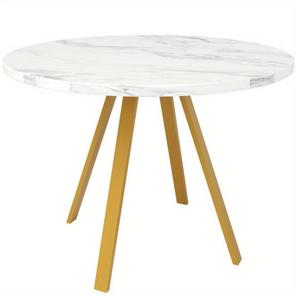 Ronde Eettafel – Ronde Tafel – Keukentafel – Eettafel 4 Personen – Koffietafel – Metalen Gouden Poten – Witte Marmerlook – 80x80x75 cm