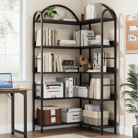 5-Tier L-Shaped Corner Bookshelf | Modern Industrial Bookcase with Arched Metal Frame, Open Wood & Metal Storage Shelves, Space-Saving Office Display Rack for Living Room, Bedroom, Black - Floor Mount, Vintage Style by Litake