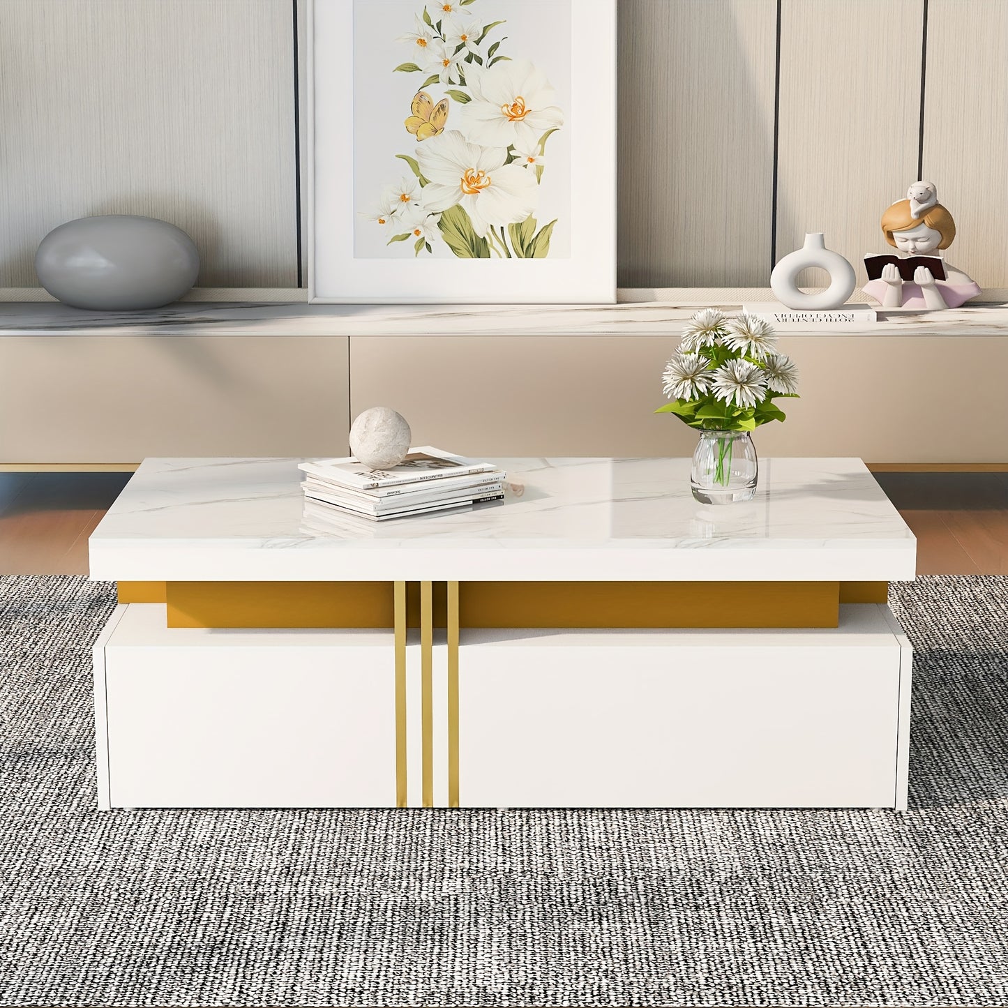 Modern Coffee Table with 2 Storage Drawers - High-Gloss White Artificial Marble Top & Golden Metal Handles, 100x50x40cm, Hardwood Frame, Easy Assembly for Living Room, Coffee Table for Living Room, Decorative Centerpiece, Min