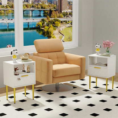Moderne Minimalistische Nachtkast met 1 Lade en Gouden Poten – Ruimtebesparend Bedkastje met Open Plank, Duurzame Houtconstructie, Eenvoudig te Monteren – 68,6 cm Hoog – Ideaal voor Slaapkamer of Woonkamer