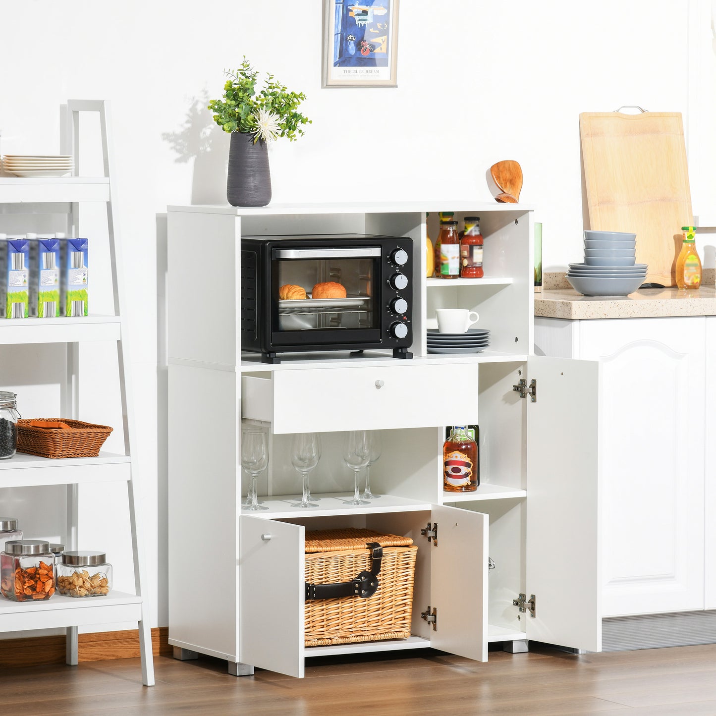 Microwavekast – Keukenkast – Opbergkast – Buffetkast – Keukenmeubel – 90x40x120 cm – Wit Hout met Schuiflade