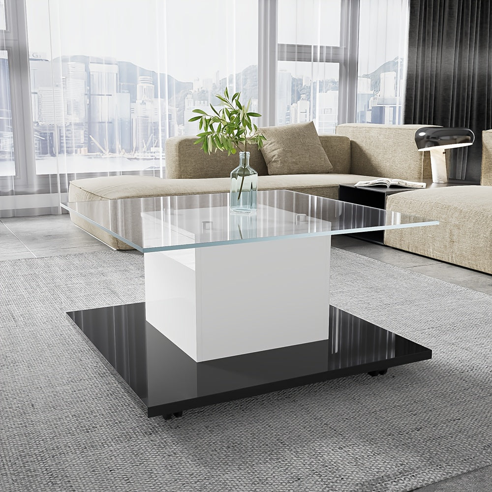 Salontafel – Koffietafel – Tafel – Bijzettafel – Glasplaat – Zwart – Verstelbare Wieltjes – Opbergruimte – Hoogwaardig Glas – Compact Vierkant Design