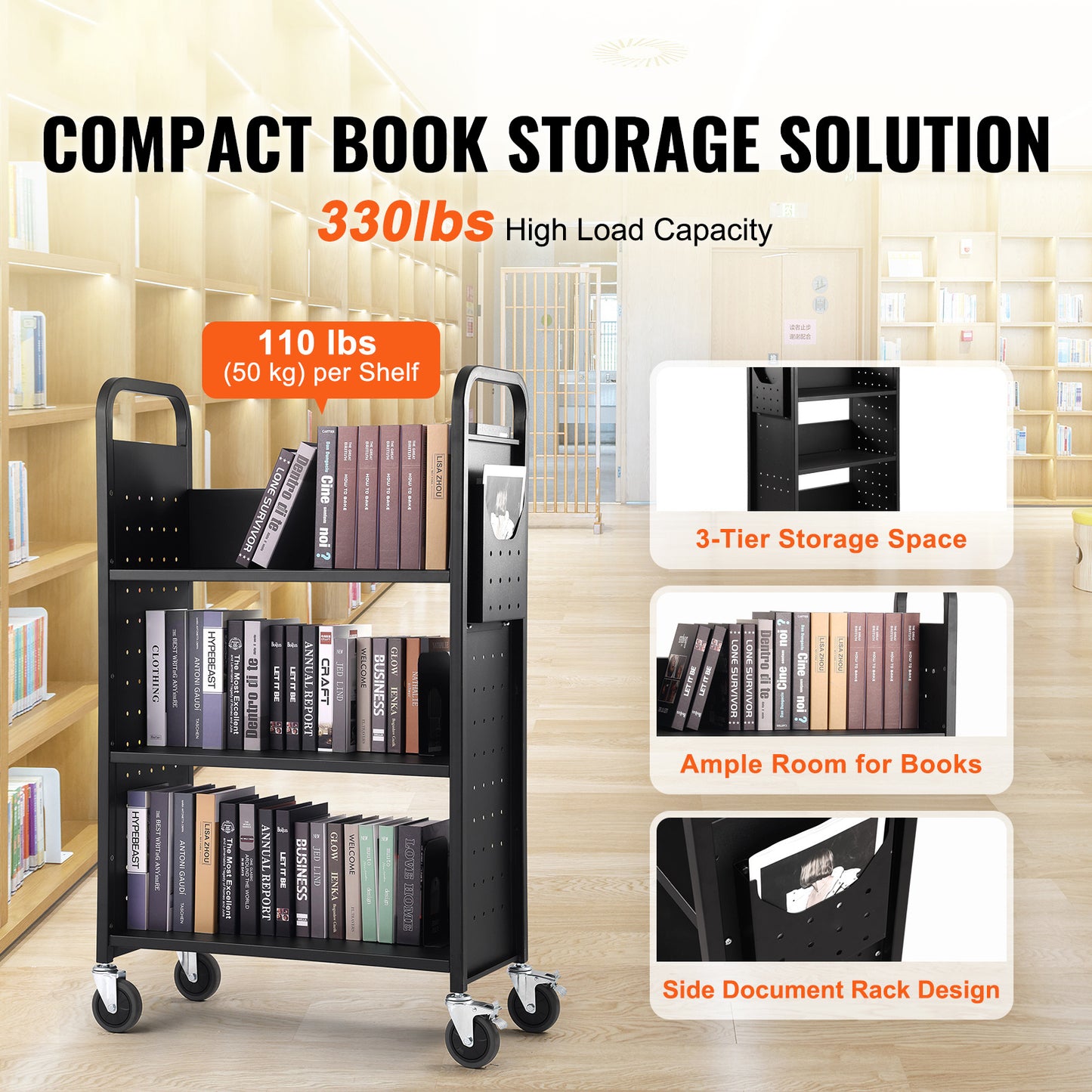 Boekenwagen – Boektrolley – Boekenkar – Documentwagen – Transportwagen – Carbon Stalen Constructie – 150 kg Draagvermogen – 360° Zwenkwielen Met Rem