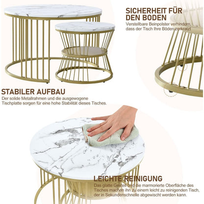 Ronde Salontafel – Koffietafel – Bijzettafel – Nestbare Tafel – Sofa Tafel – Marmerlook Fineer – Set Van 2 – Lichtgewicht Met Metalen Frame