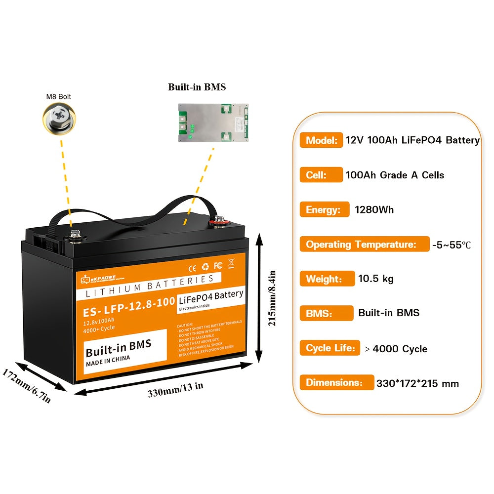 LiFePO4 Accu – Lithium Accu – Bootaccu – Camper Accu – Fietsaccu – 12V 100Ah – Ingebouwd BMS – Diepcyclisch