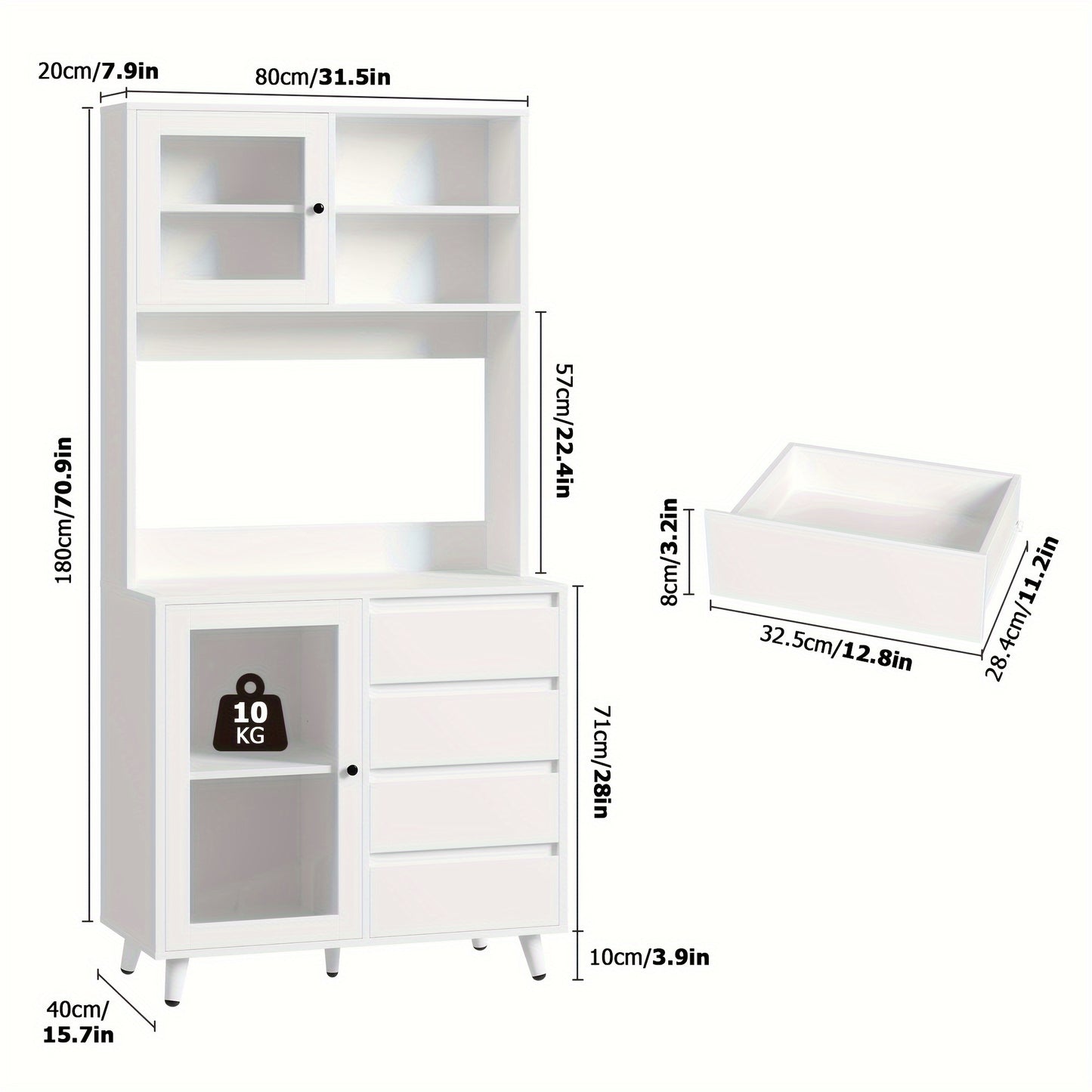 Vrijstaande Opbergkast – Keukenkast – Vitrinekast – Ladenkast – Buffetkast – MDF Hout – 3,2+ Kubieke Voet Opbergruimte – Modern Wit Met Glasdeuren