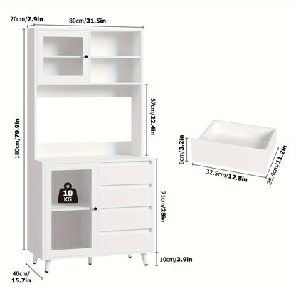 Vrijstaande Opbergkast – Keukenkast – Vitrinekast – Ladenkast – Buffetkast – MDF Hout – 3,2+ Kubieke Voet Opbergruimte – Modern Wit Met Glasdeuren