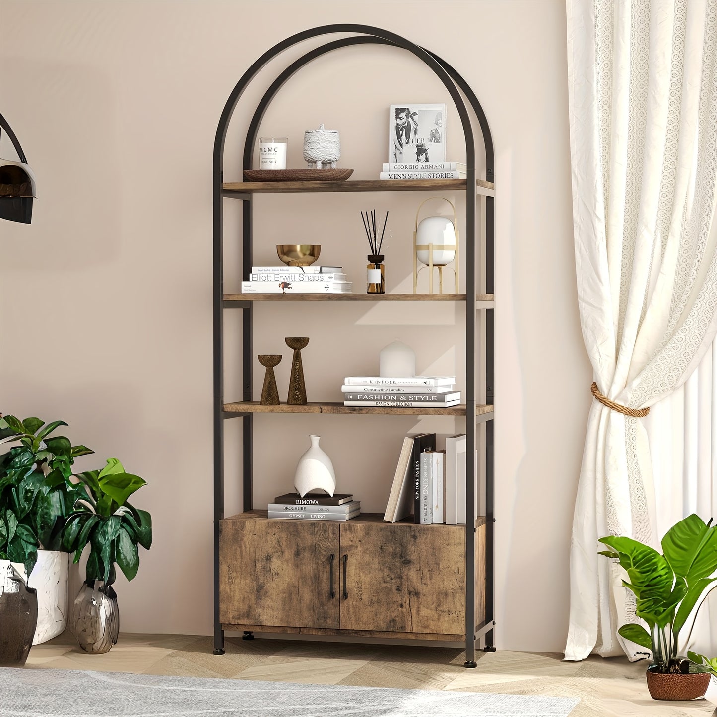 Boekenkast – Boekenrek – Opbergkast – Vakkenkast – Stellingkast – Industrieel Design – Met Metalen Frame & Witte Houtlook – 4-Lagens Met Deuren – Vrijstaand – 181 cm Hoog – Ruimtebesparend – Stevig & Duurzaam
