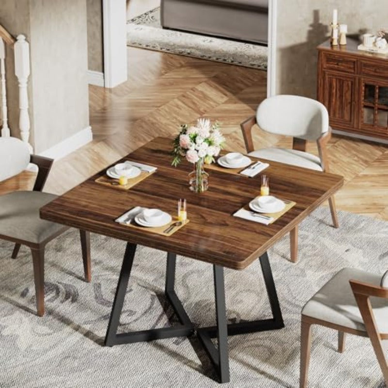 Vintage Eettafel – Keukentafel – Bistrotafel – Tafel Voor 4 Personen – Houten Tafel – Industrieel Metaal Onderstel – Compact 80x80 cm – Stijlvol Bruin