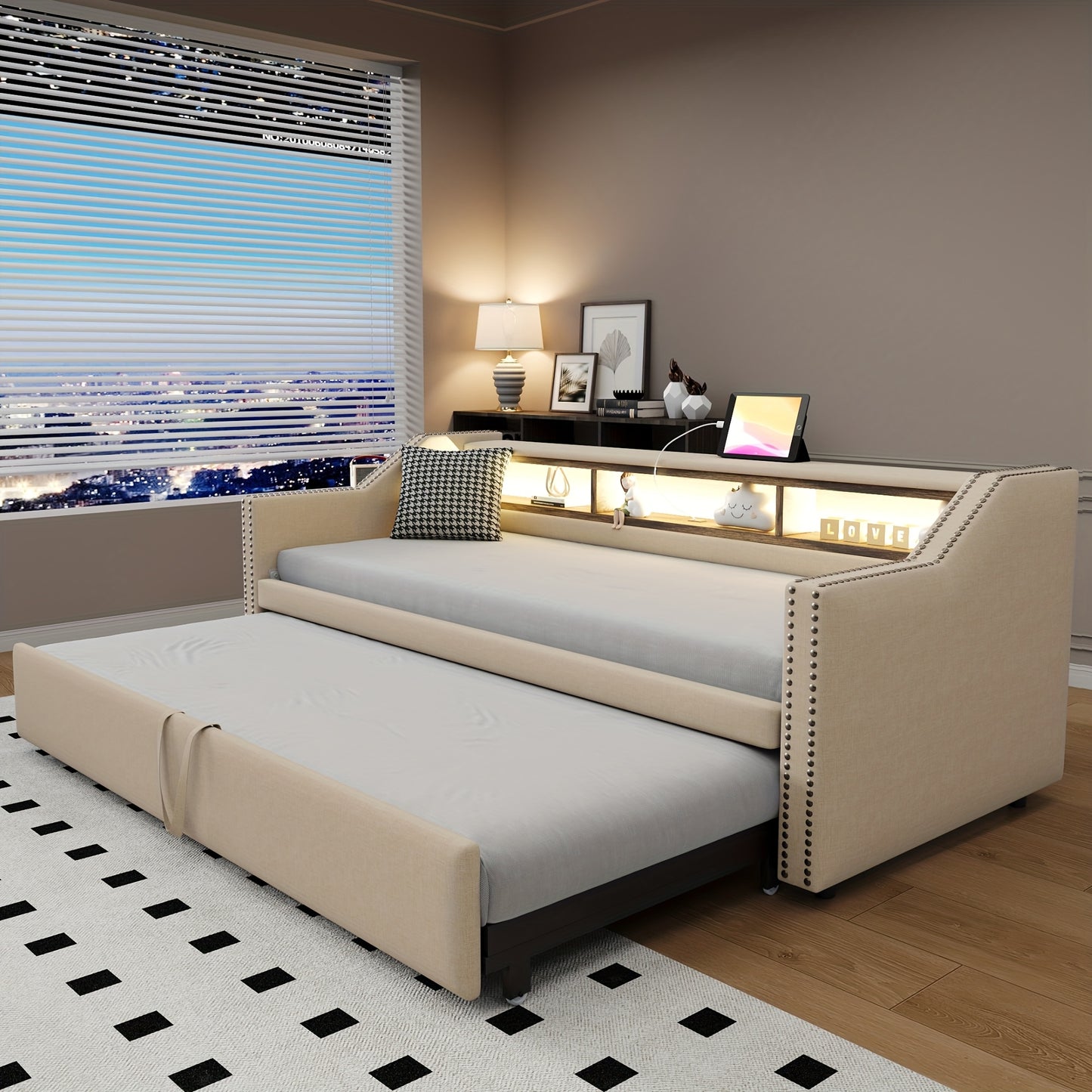 Slaapbank – Bedbank – Logeerbank – Uitklapbank – Sofa Bed – Compact Formaat – Met Opbergruimte – Stevig Frame – Beige Bekleding