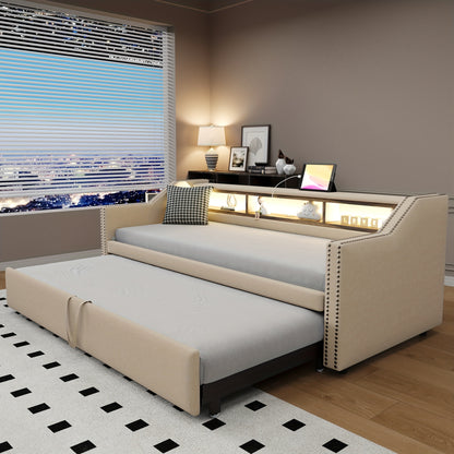 Slaapbank – Bedbank – Logeerbank – Uitklapbank – Sofa Bed – Compact Formaat – Met Opbergruimte – Stevig Frame – Beige Bekleding