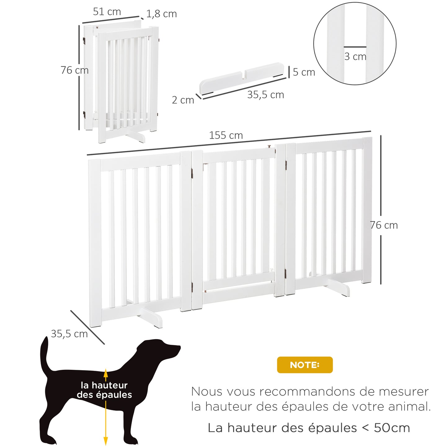 Speelhekje – Dierenbarrière – Babyhek – Veiligheidspaneel – Kinderafzetting – Inklapbaar – Verstelbaar tot 155 cm – MDF Wit