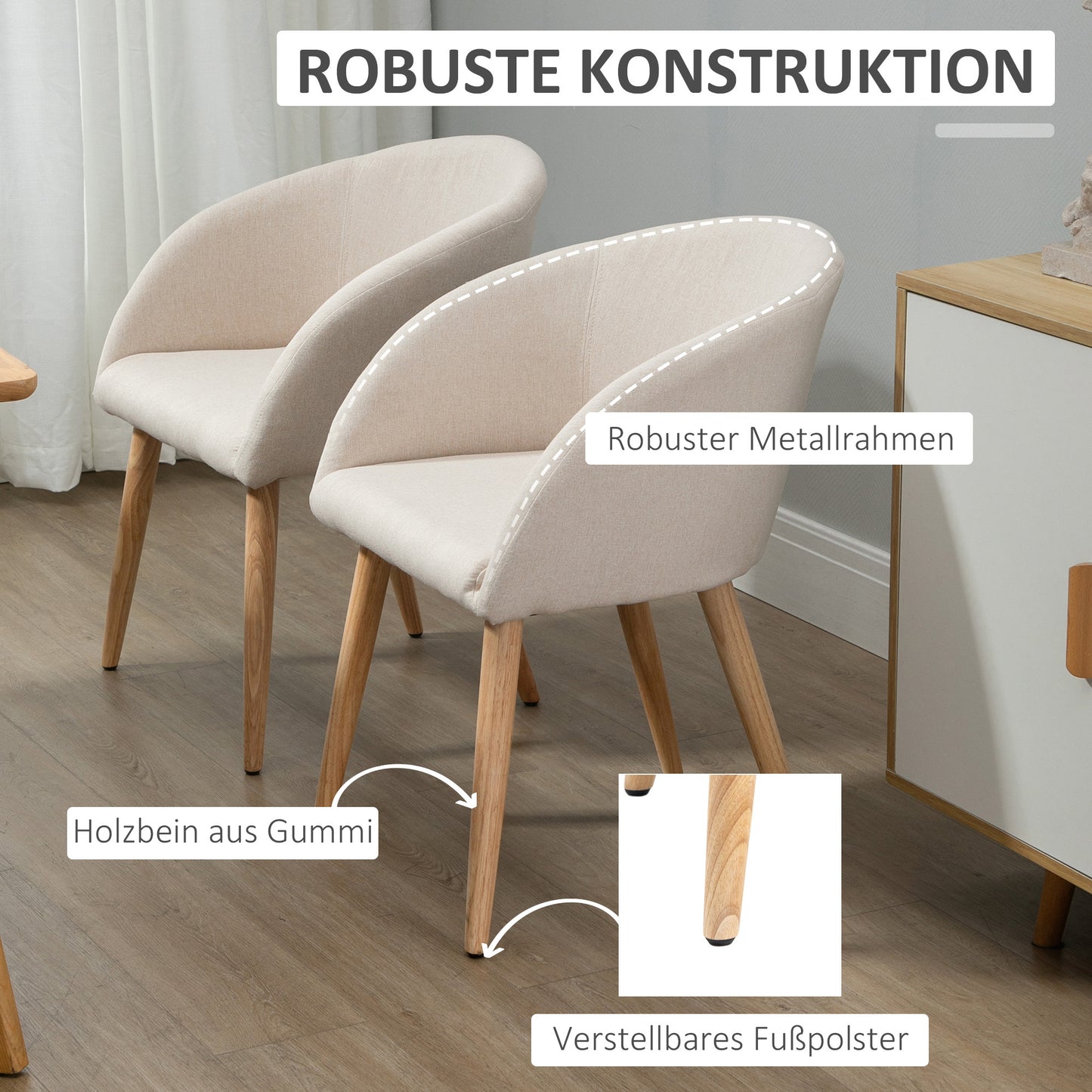 Eetkamerstoel – Stoel – Kuipstoel – Zithoekstoel – Barkruk – Scandinavisch Design – Houten Poten Met Antislip – Max 150 Kg Belastbaar – Beige Stoffering