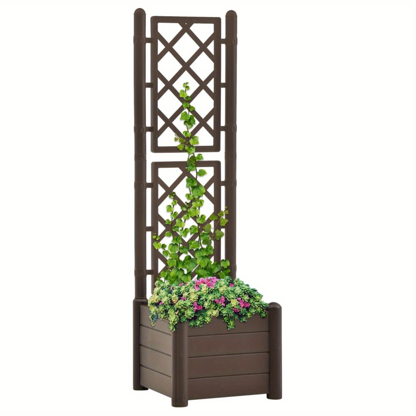 Garden Planter with Trellis 43x43x142cm PP Mocha Planter Box Outdoor, Standing Growing Bed Herb Raised Bed for Gardening, Vegetables, Flower, Backyard