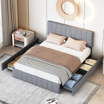 Bedframe – Tweepersoonsbed – Gestoffeerd Bed – Bedbank – Platformbed – Verstelbaar Hoofdbord – 160x200 cm – Grijze Linnen Bekleding – Opberglades – Metalen Frame