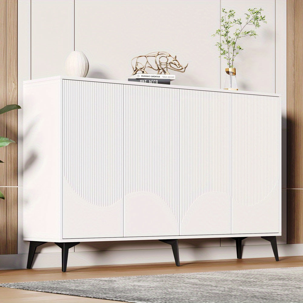 Modern White Metal Storage Cabinet with 4 Doors & Adjustable Shelves - Freestanding Floor Cabinet, 68.58cm Height, 4-Wheel Mobility, No Assembly Required, Space-Saving Design for Entryway, Living Room, Bedroom - Durable Metal