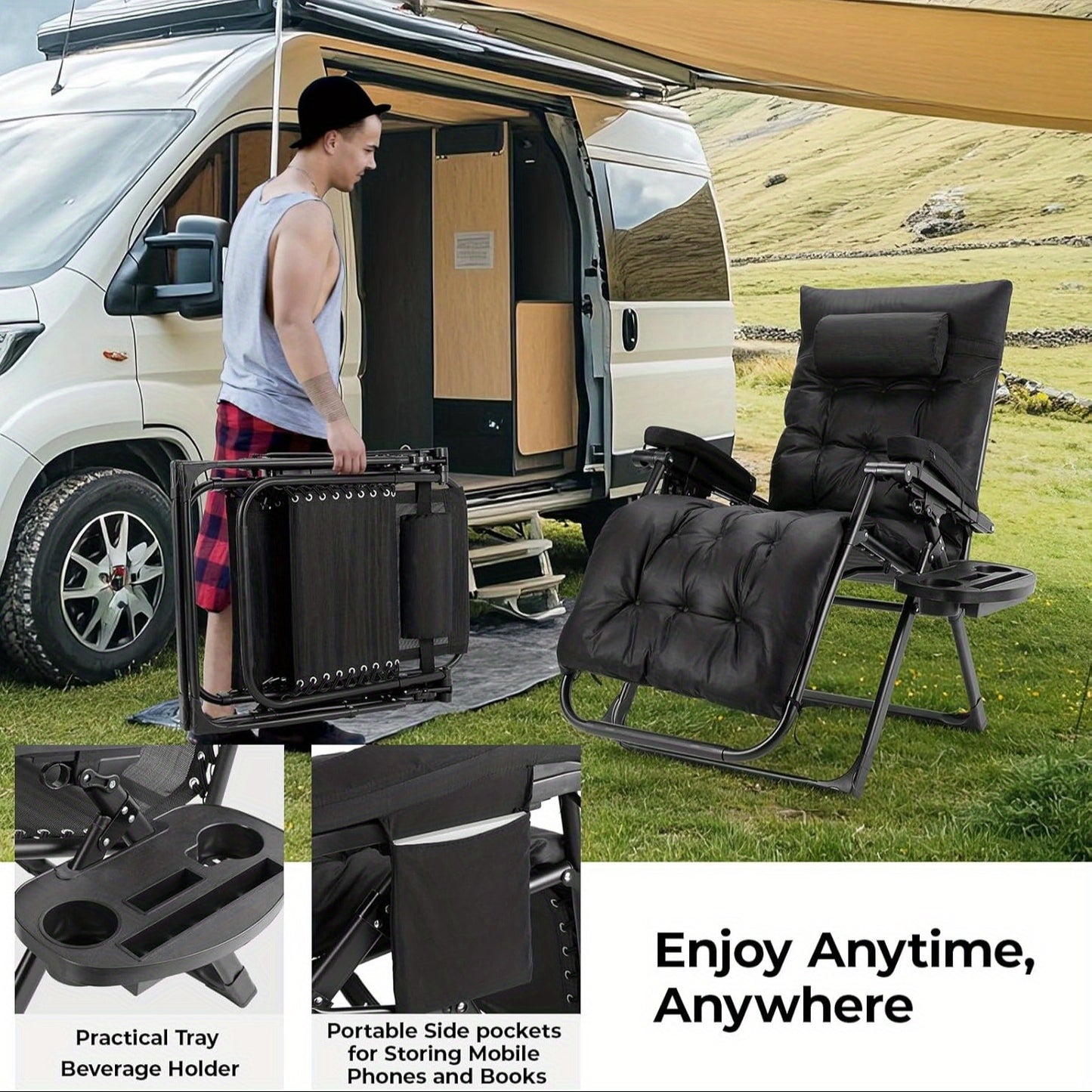 Tuinstoelen – Vouwstoelen – Ligstoelen – Tuinstoelset – Campingstoelen – Extra Groot – Verstelbare Rugleuning Met Hoofdsteun – Zwart Geborsteld Stof