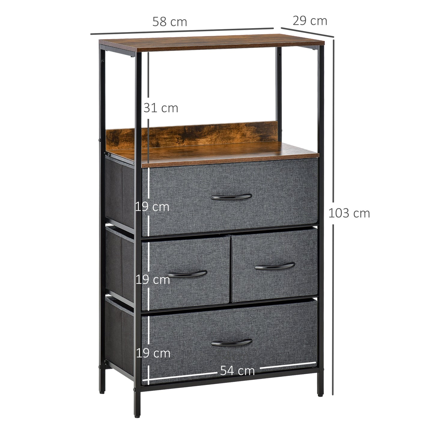 Linnenkast – Opbergkast – Dressoir – Kast Met Lades – Zwart – 4 Lades – Extra Open Plank – Compact & Onderhoudsvriendelijk