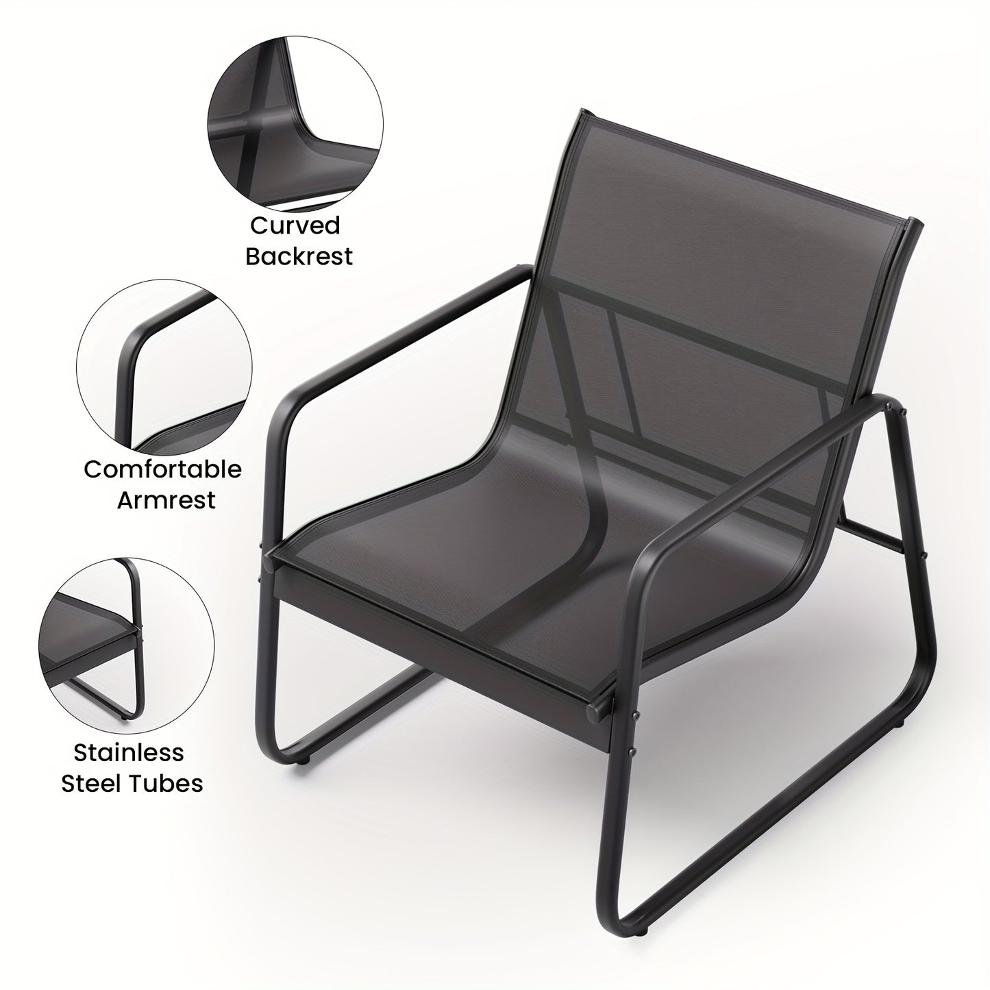 3-Delige Tuinset – Bistroset – Balkonset – Tuinmeubelset – Terrasset – Metalen Frame – Glas Tafelblad – Comfortabele Gebogen Rugleuning – Ademend Teslin Bekleding – Zwart